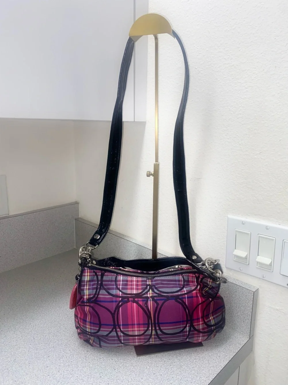 Coach Poppy Pink/Purple/Black Tartan Groovy Shoulder/Crossbody Bag EUC